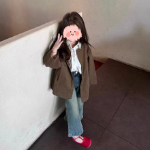 韩版女童套装2025秋季新款复古高级感时髦潮酷长款风衣休闲喇叭裤