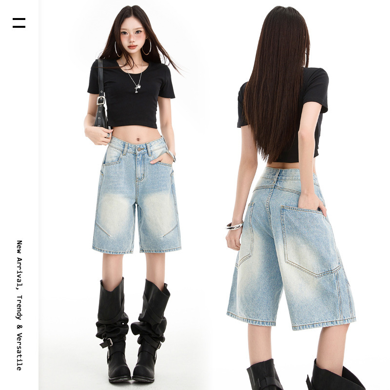 Hys/2026 Summer New Style & Tiktok Super Popular American Style Patchwork Cool Street Style Five-Point Denim Shorts for Women