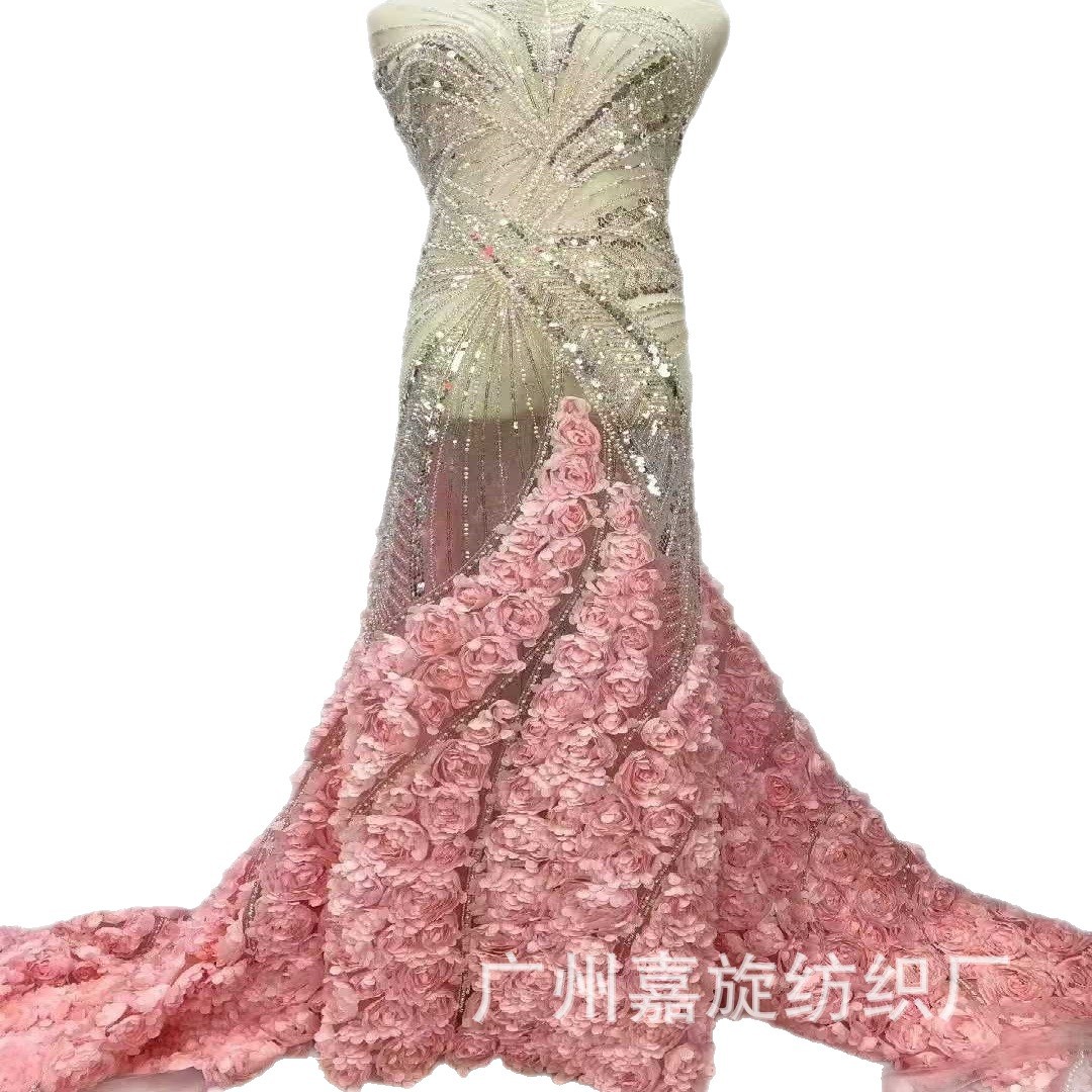 Rosas tridimensionales tubo bordado tela tela de malla cola vestido de boda vestido de moda ropa de rendimiento tela cuentas de encaje image 6