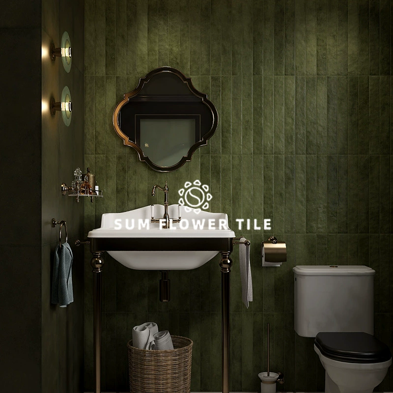 Фарфоровый дом, французская ретро-зеленая ванная комната, рифленая плитка, B&B, стена ванной комнаты, глазурованные длинные кирпичи ручной работы