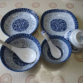 DHA0陶瓷中式餐具家用饭碗碟子方盘唐式面碗盘勺可进微波炉釉