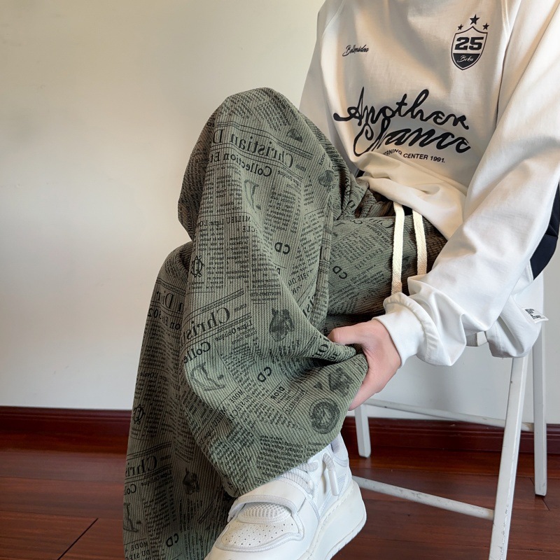 Pantalones de pierna de mecha de impresión completa, pantalones de invierno para hombres, pantalones casuales estadounidenses, tendencia retro, rectos y sueltos.