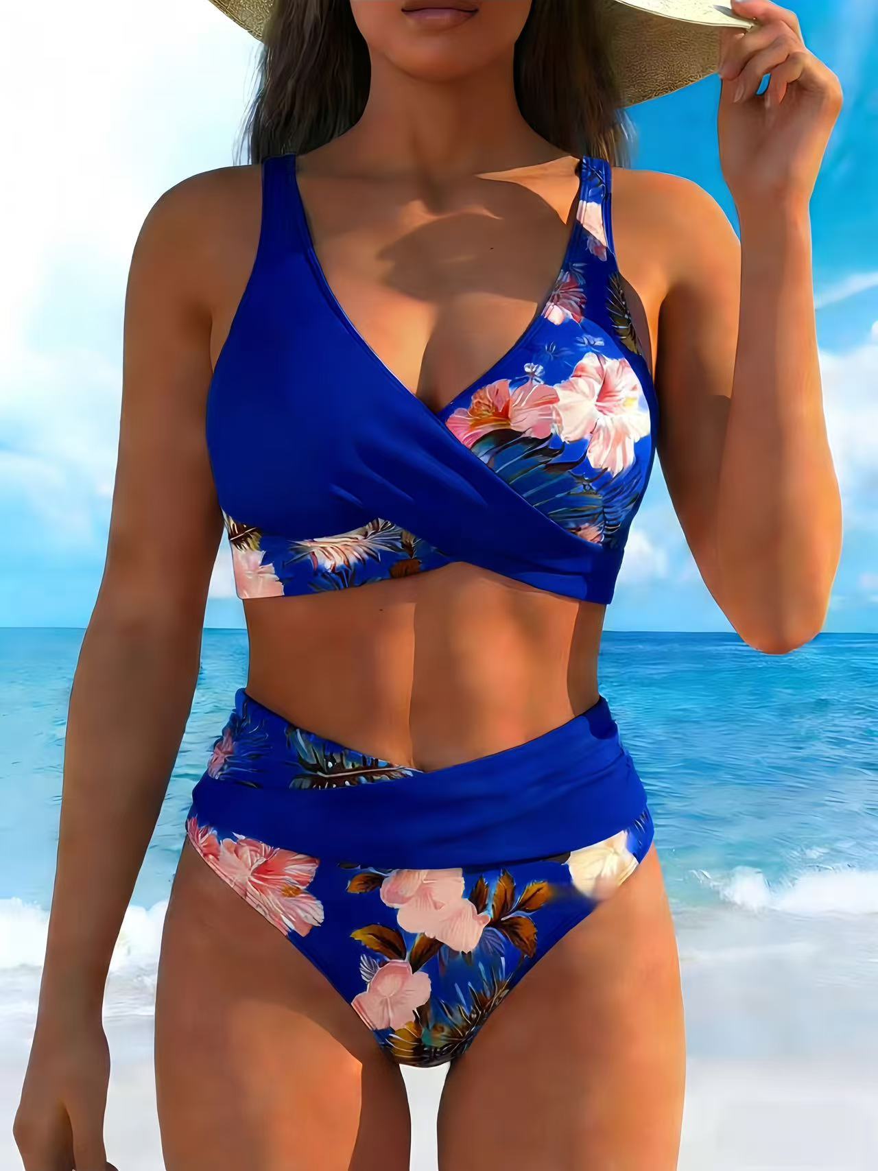 Bikini Set Mit Tropischem Blumenmuster Und Überkreuz Design_voghion.com