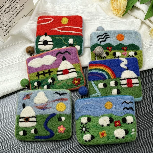 Nepalese Handmade Wool Felt Creative Rainbow Sheep Flock Yurt Coin Purse Card Holder Data Cable Key Storage Bag