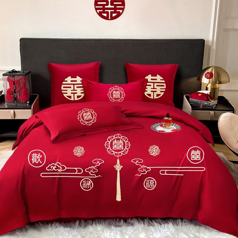 Cuatro piezas de boda china dragón-fénix bordado sábanas de boda rojas casa de boda colcha de cama image 13