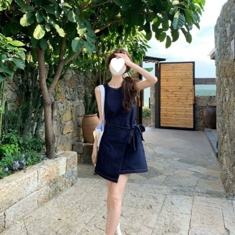 Летнее платье-жилет без рукавов в ретро стиле, женское, нишевый дизайн, с кружевной завязкой, элегантная юбка А-силуэта, короткая юбка