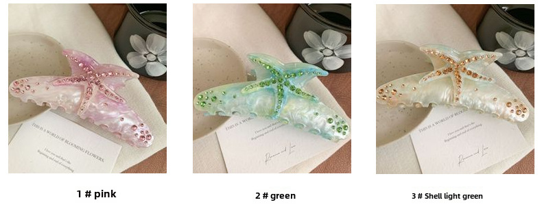 Haarnadel mit originellem Design, mit Diamanten besetzte Seestern-Haarspange, übergroße Haifisch-Haarspange, dreidimensionale Haarspange in Acetat-Temperamentfarbe_voghion.com