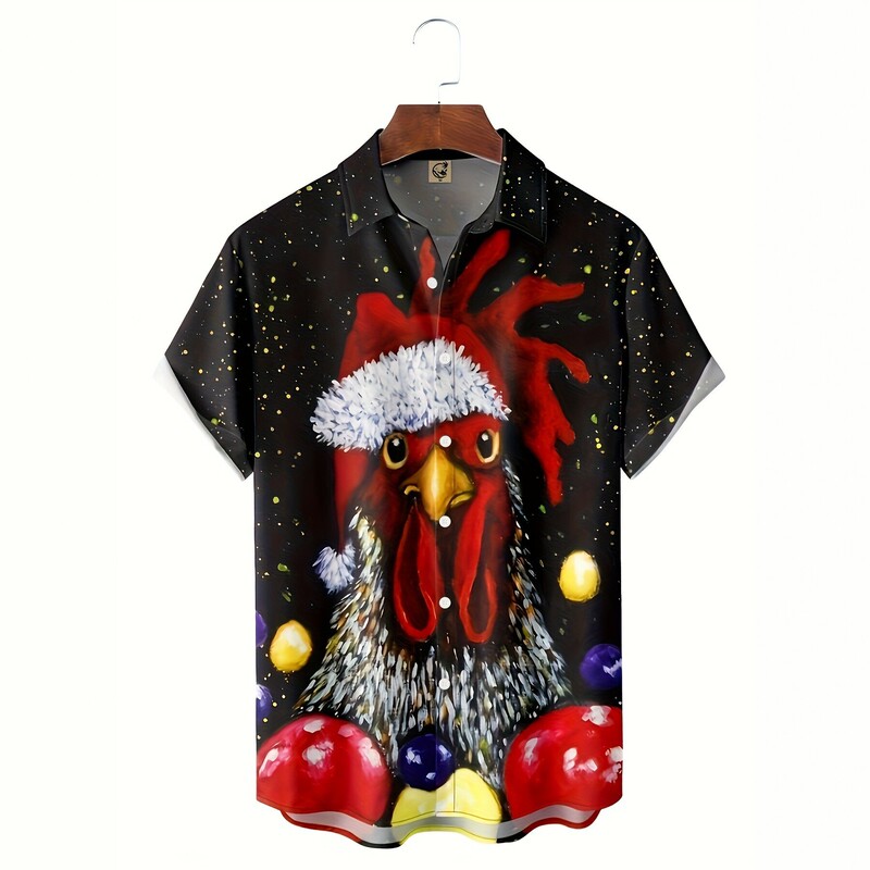 Black Background Starry Sky Christmas Big Rooster Fun Short-Sleeved Floral Shirt Amazon Cross-Border Foreign Trade Holiday Men's Clothing in Stock Black Background Starry Sky Christmas Big Rooster Fun Short-Sleeved Floral Shirt Amazon Cross-Border Foreign Trade Holiday Men's Clothing in Stock