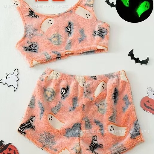 Flannel luminous pumpkin for cross-border Amazon party sling pajamas women's autumn and winter two-piece warm and cute
