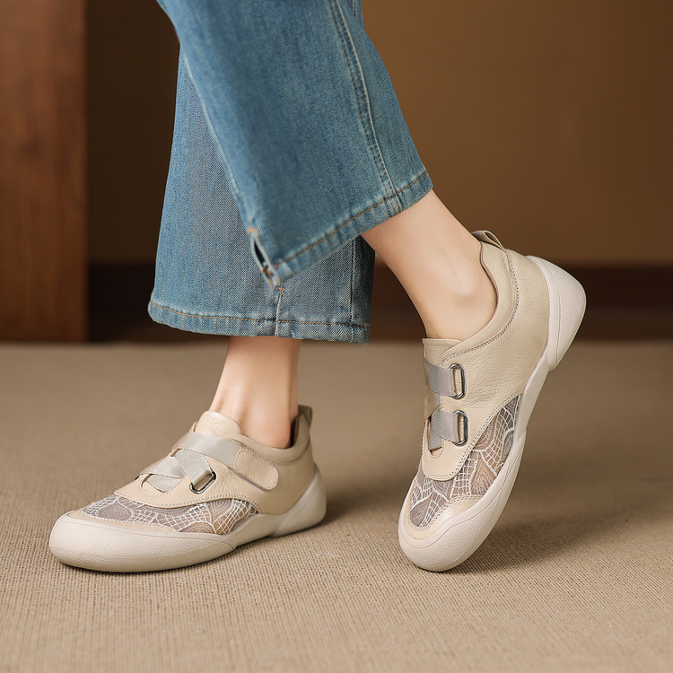 Giày sneaker nữ phối màu da thật lỗ thoáng khí đế bệt buộc dây kết hợp miếng dán — màu trắng ngà chi tiết 28