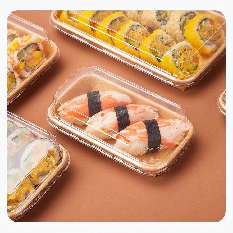 Caja de embalaje kraft desechable caja de sushi para llevar caja de picnic con cubierta caja de almuerzo de púrpura doméstica biodegradable comercial