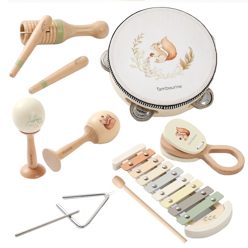 Juego de instrumentos musicales de madera de Amazon Orff, educación temprana para bebés, tocar el piano, tocar el tambor, martillo de arena, sonajero, juguete musical