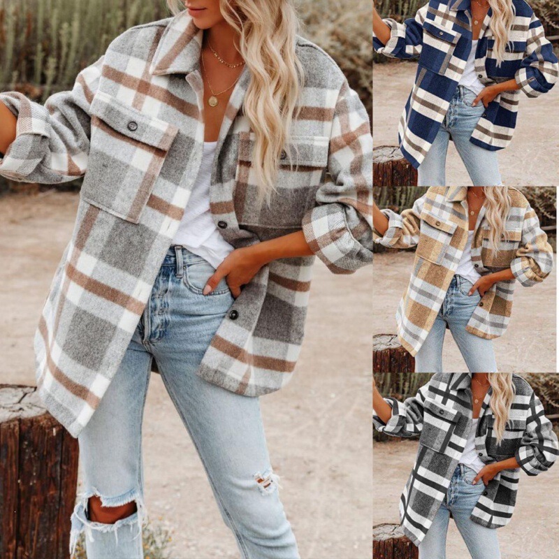 Cross-Border 2026 Independent Site Wish Amazon Hot-Selling Autumn and Winter Long-Sleeve Loose Plaid Shirt Woolen Coat for Women Cross-Border 2026 Independent Site Wish Amazon Hot-Selling Autumn and Winter Long-Sleeve Loose Plaid Shirt Woolen Coat for Women