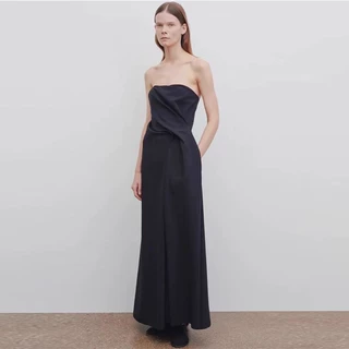 TH~ ROW连衣裙女2025春夏极简风不规则收腰A字裙晚礼服过膝长裙子