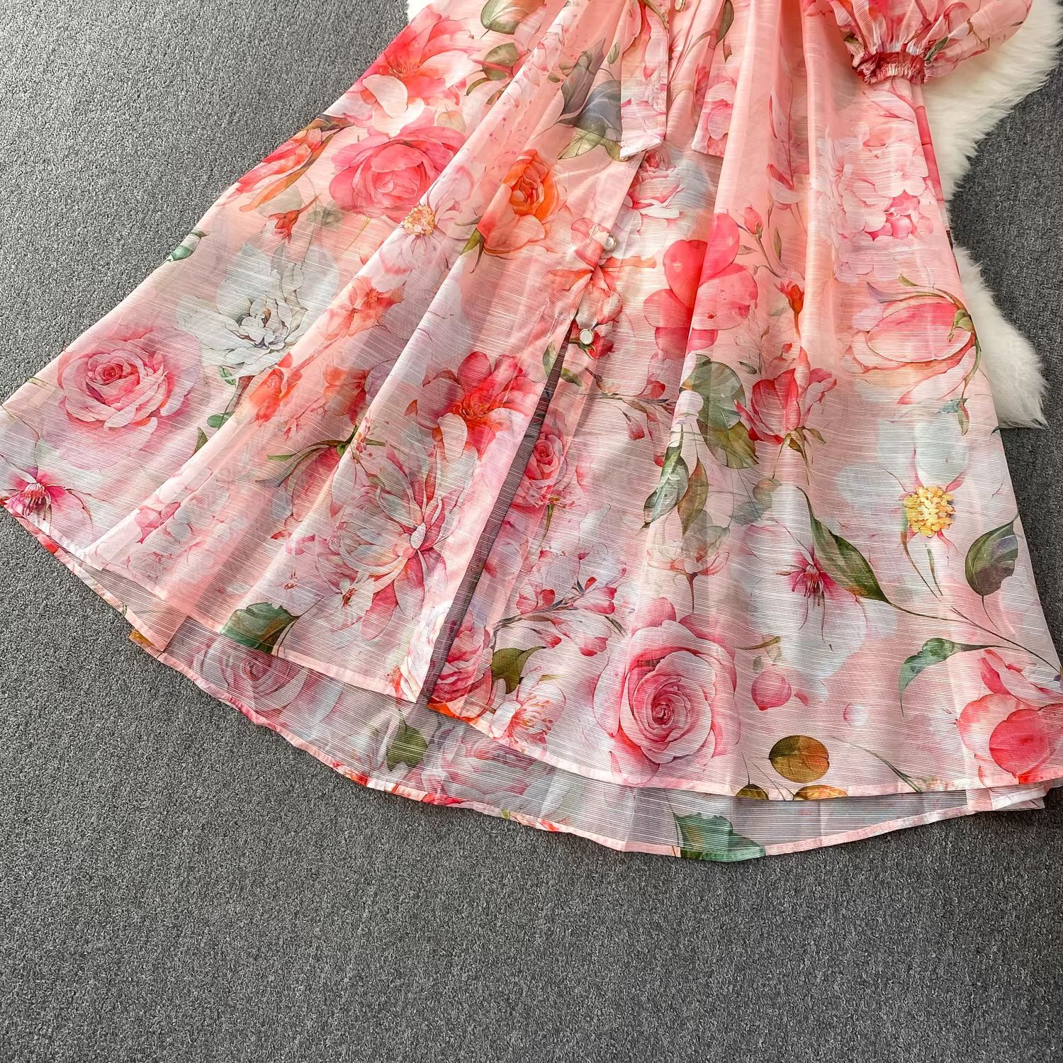 Elegant Floral Embroidered Maxi Dress With Button Front And Tie_voghion.com