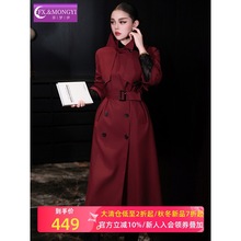 菲梦伊红色西装领风衣外套女秋季高级感英伦风收腰双排扣中长大衣