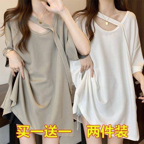 Women's Large Size Loose Slimming Matchable Plain Short Sleeve T-Shirt with Unconventional Design, Mid-Long Length, Summer Top