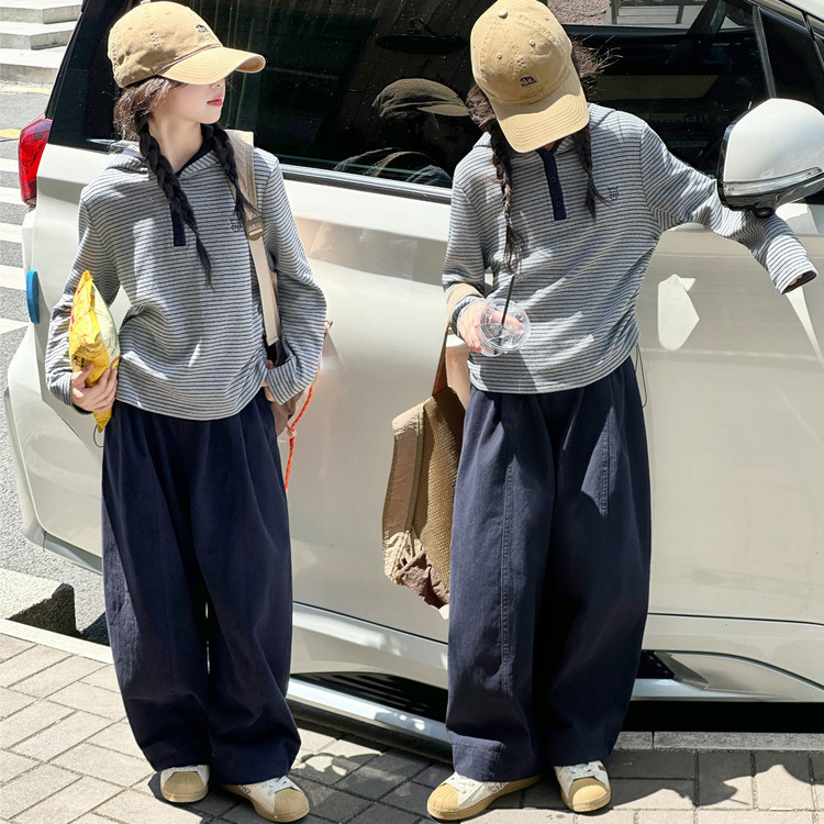 Girls' New Spring and Autumn Casual Trendy Striped Embroidered Hoodie Korean-Style Cotton Cargo Pants Set 2026 for Older Children