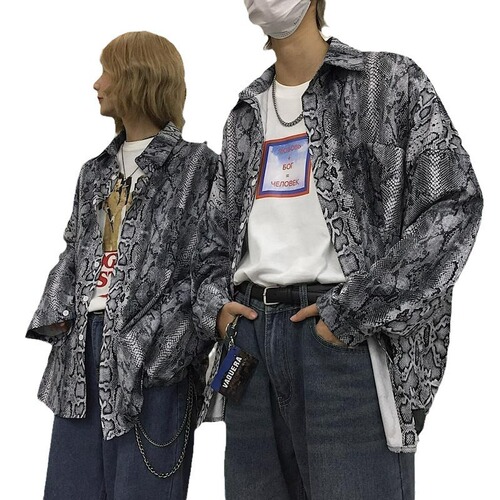 Spring and Autumn 2024 New Rugged Cool Ins Retro Dark Black Melancholy Snakeskin Pattern Long-Sleeve Shirt for Men and Women Couples Outerwear
