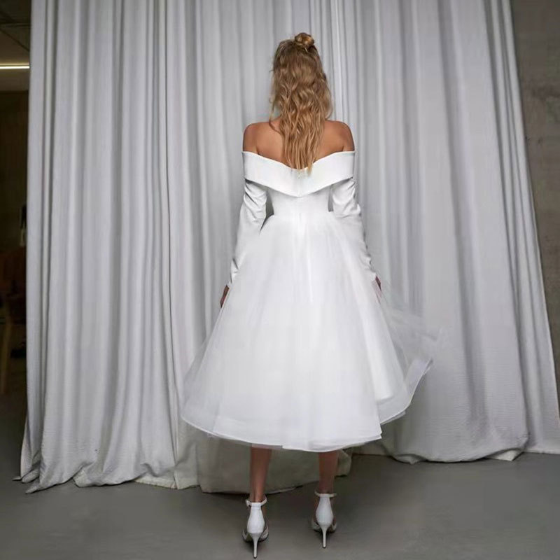 El Comercio exterior europeo y americano Amazon AliExpress desea elegante vestido de novia fuera del hombro vestido de novia corto simple manga larga fuera del hombro