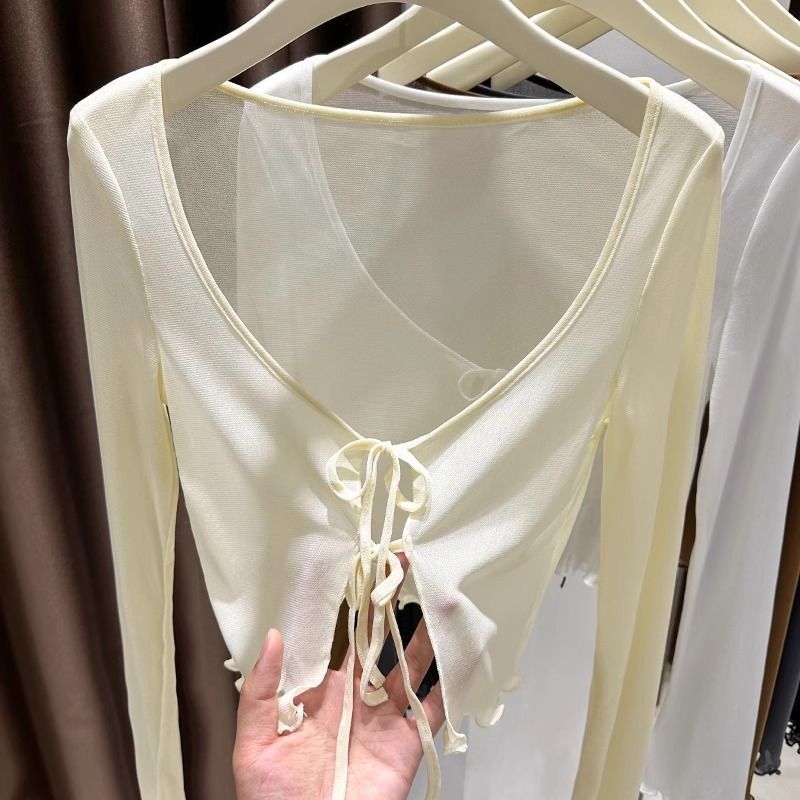 アイスシルクメッシュショール日焼け防止服女性のための春と夏のデザインレースアップカーディガン薄いブラウストップ|undefined