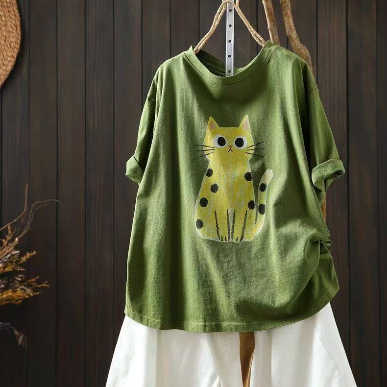 Brand Surplus Export Stock from Store Closures~ Short T-Shirt with Cat Print, Super Stylish and Retro for Summer