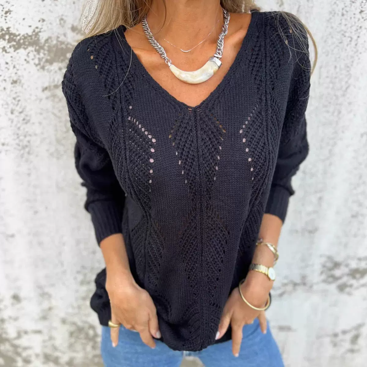 2025镂空叶子V领长袖针织毛衣女宽松秋冬双面可穿外贸欧美跨境女