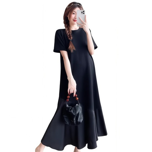 French Black Dress for Children's Summer 2025 New Hepburn Style High-End Loose and Slimming Elegant Long Dress