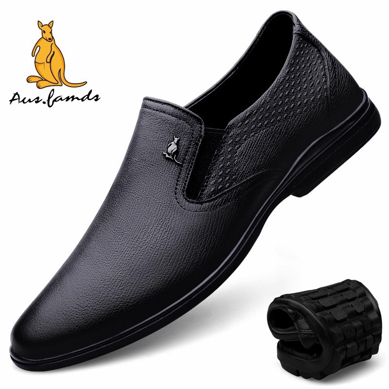 Australian Famous Kangaroo Men's Business Formal Leather Shoes Round Toe Shallow Mouth Casual Shoes Men's Spring Korean Style Genuine Leather