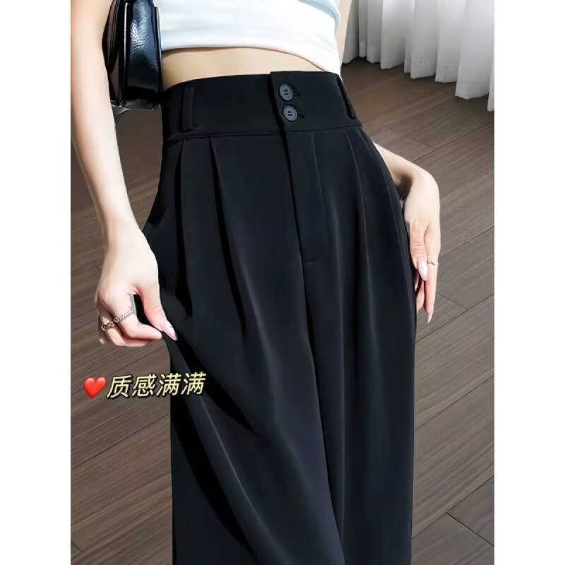 黒のダブルボタンカジュアルストレートスーツパンツ女性の夏の新しい大きいサイズファットmmハイウエストドレープヒップカバー痩身ワイドレッグパンツ|undefined