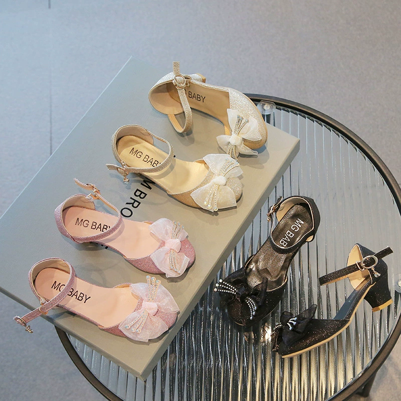 Модная обувь для девочек с кристаллами 2023 весенне-летняя обувь на высоком каблуке с сетчатым Бантом принцессы в Корейском стиле кожаная обувь для девочек