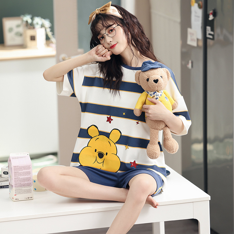 Pareja de pijamas de verano de algodón de manga corta de Internet celebridad oso lindo de dibujos animados nuevo camisón ropa de casa de las mujeres traje de verano