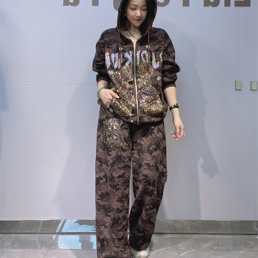 Camouflage Zipper Cardigan Large Size Sweatshirt Suit Women's Autumn Heavy Craft Straight Pants Loose Outdoor Sportswear Two-Piece Set