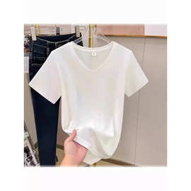 天丝高端正肩T恤女夏季新款V领短袖体恤宽松小众设计感白色打底衫