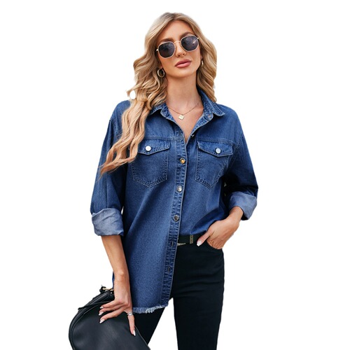 eBay Women's US Brand Independent Store Amazon Washed Denim Fringe Long-Sleeve Collar Shirt
