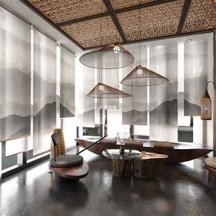 Modern Chinoiserie Roller Blind Entrance Hanging Screen Soft Partition Floor-To-Ceiling Curtain Hotel Restaurant Soft Decoration Semi-Transparent Hanging Curtain