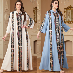 4152 Middle East Cross-border Clothing Muslim Dubai Dress V-neck Embroidery Stitching Contrast Color Foreign Trade Polyester dress
