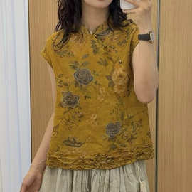 立领斜襟国风苎麻上衣2026夏款苎麻短袖衬衫禅意茶服女T恤衫