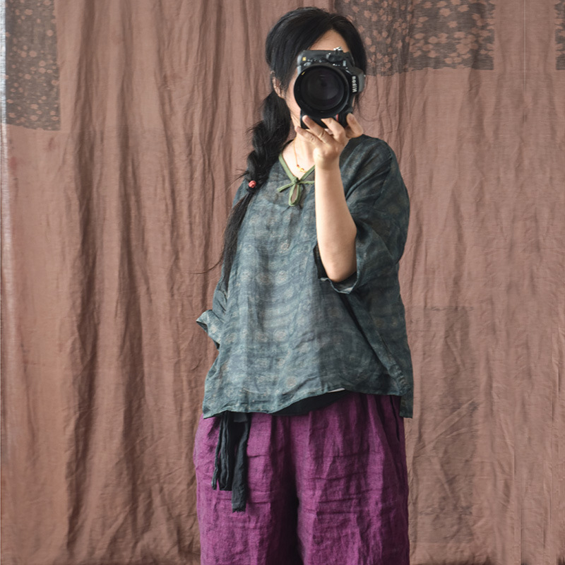 Ramie/Homemade Xiangyun Yarn Printed Ramie Blouse Women's Shirt Small Floral Artistic Hand-stitched Buckle Short Hemp Shirt Top