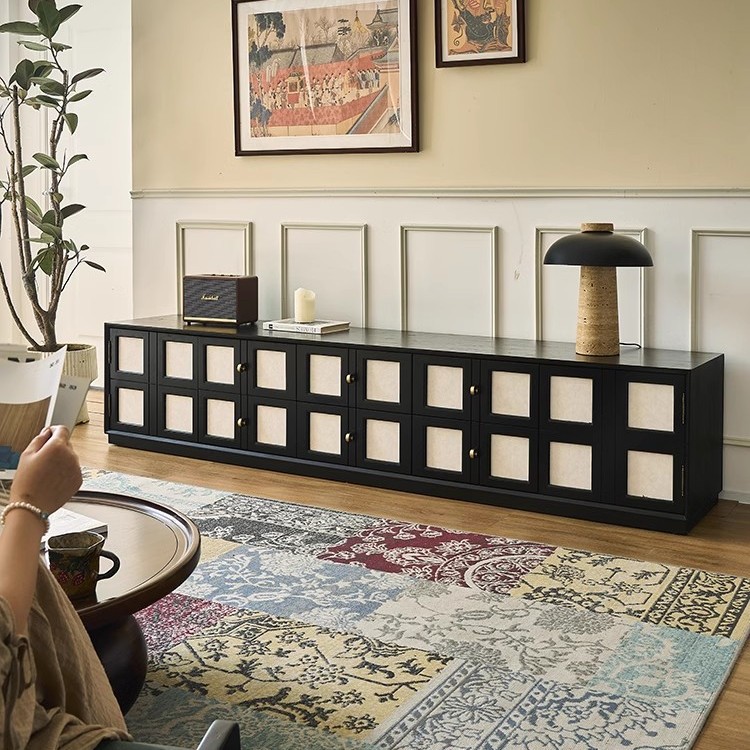 French Solid Wood Black Tv Cabinet Home Small Apartment Nanyang Style Storage Cabinet Living Room Retro Floor-Standing Audio-Visual Cabinet