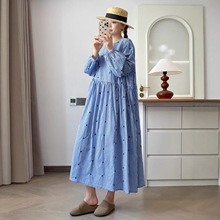 文艺刺绣长袖连衣裙女2025秋装新款纯色宽松高腰中长款裙 5341