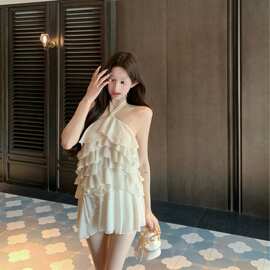 纯欲风宽松挂脖连衣裙女夏季露背荷叶边气质字裙短裙子图片色