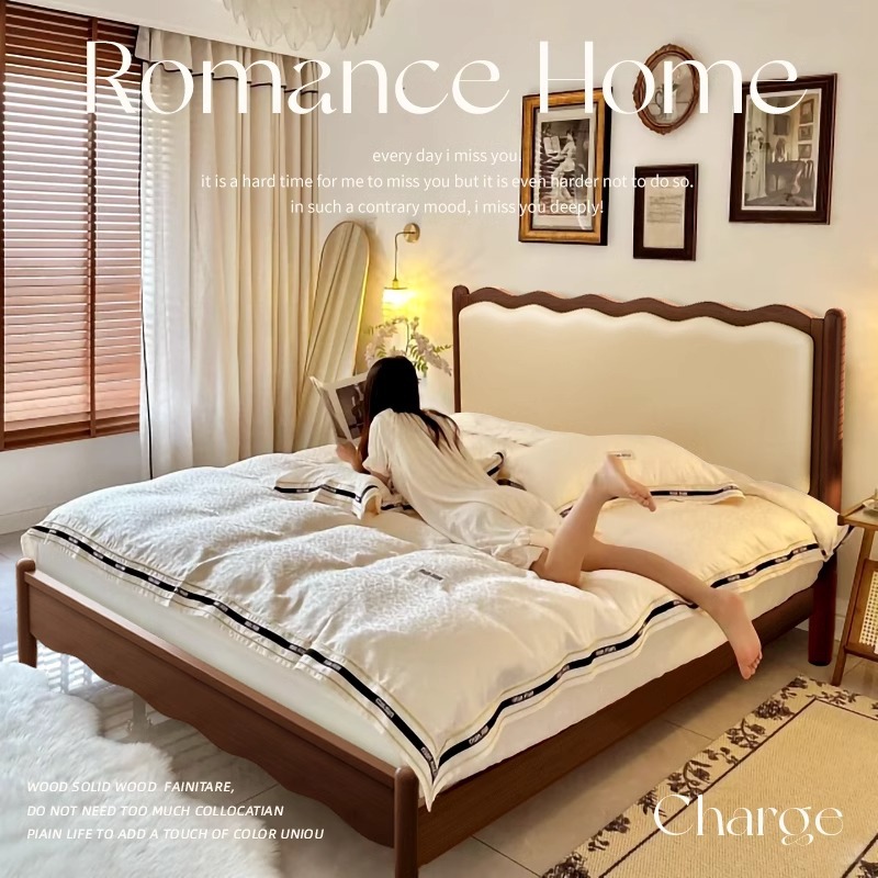 Cama de madera sólida, cama doble retro nórdica, cama ondulada de 1.8m, cama de aire medieval, cama francesa, cama principal simple y suave.