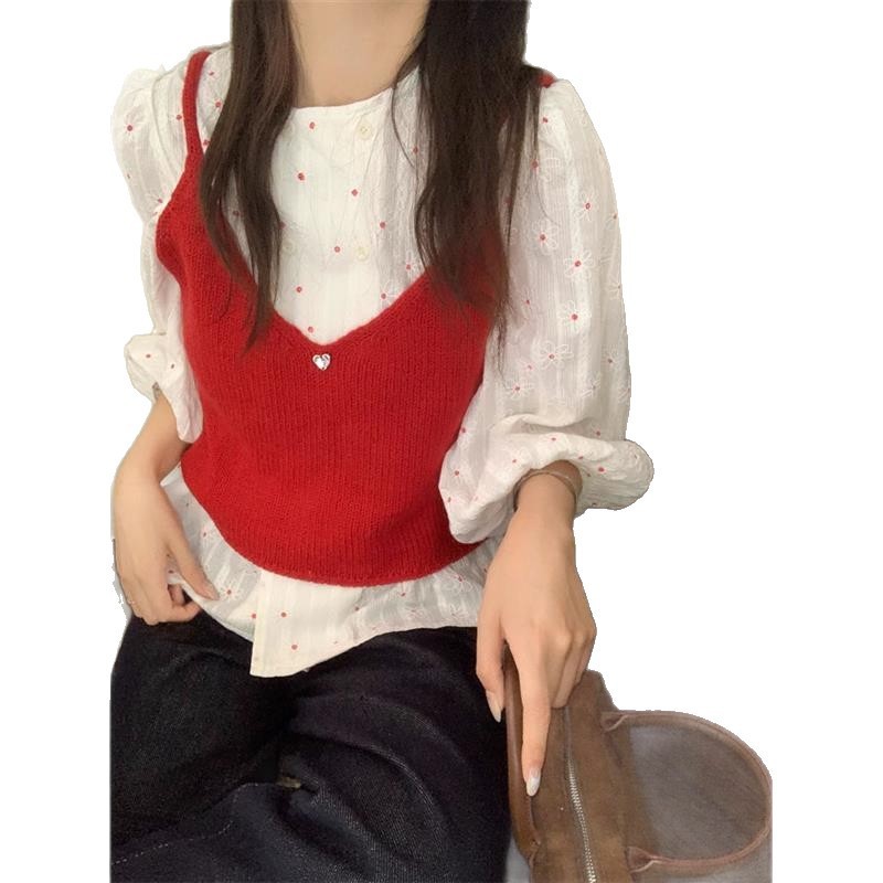 甜美套装春秋宽松雏菊灯笼袖衬衫女+叠穿针织小吊带背心两件套ins|undefined