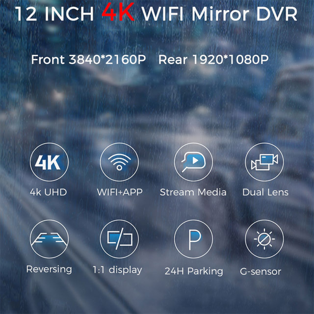 Cross-border 12-inch 4K +1080P front and rear double recording rearview mirror driving recorder with WiFi dash cam