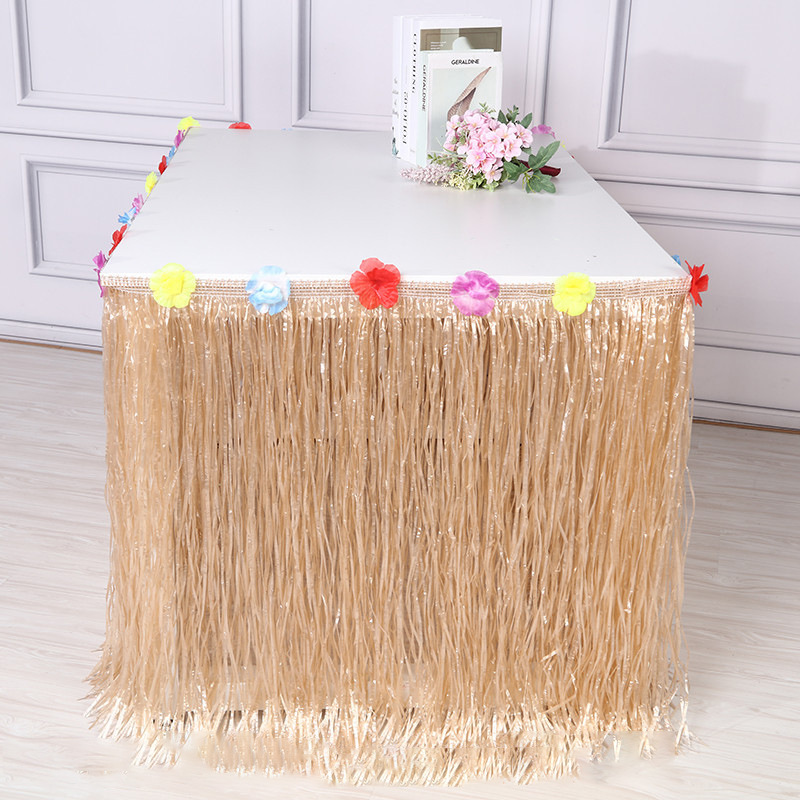 Falda de mesa hawaiana de hierba color paja, decoración para fiestas y festivales, 275cmx75cm