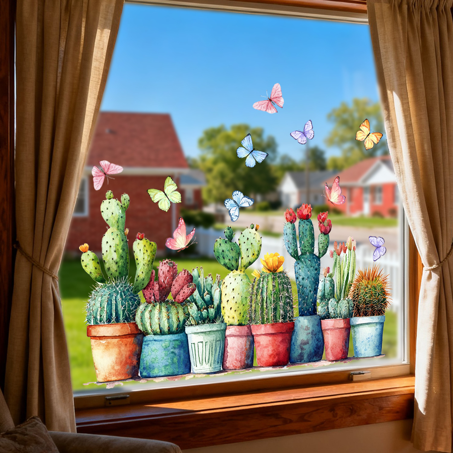 Watercolor Potted Cactus And Butterfly Static Window Wall Sticker_voghion.com