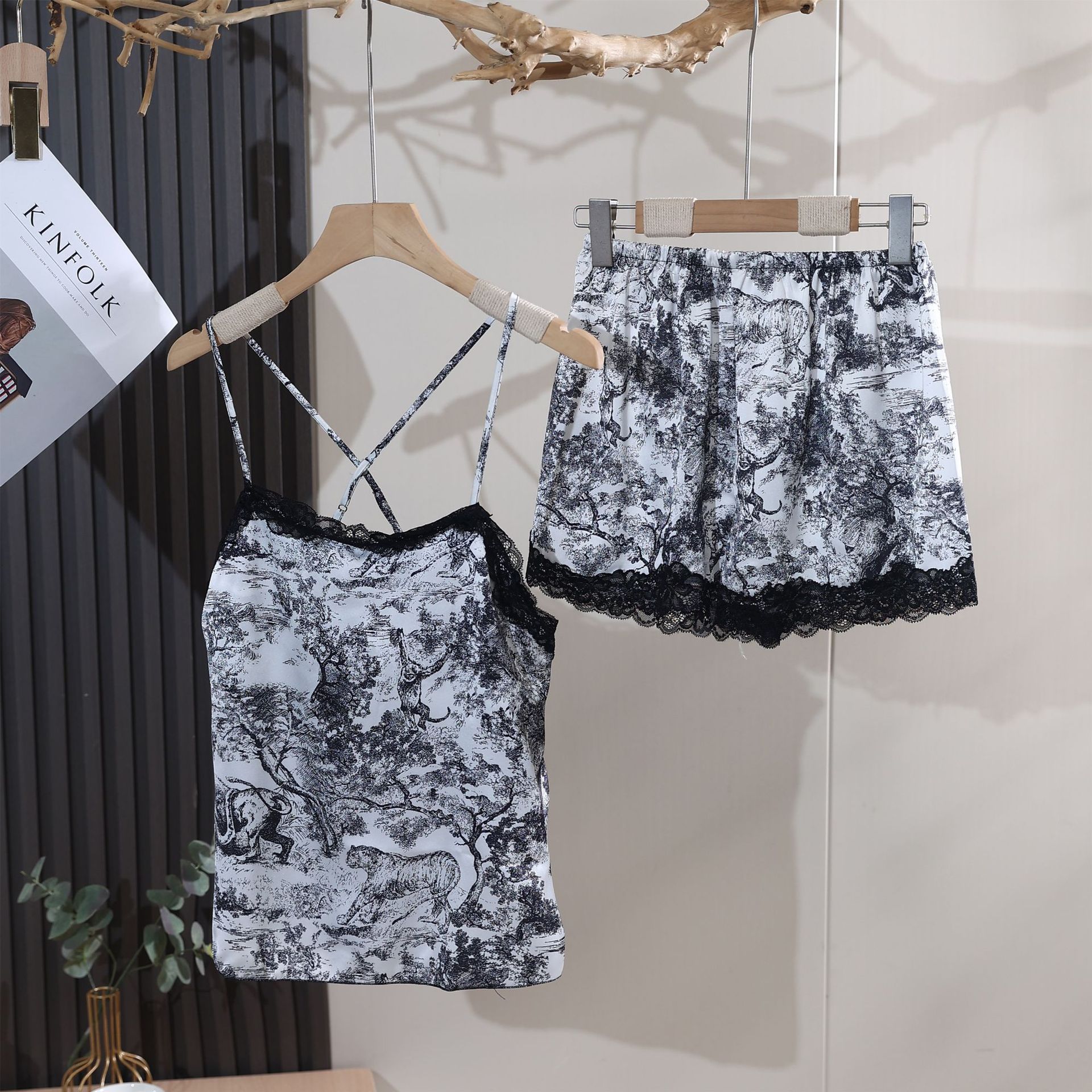 Sexy Chinese Style Ink Wash Pure Desire Ice Silk Pajamas Women's Camisole Shorts Set with Removable Chest Pad and Cross Straps