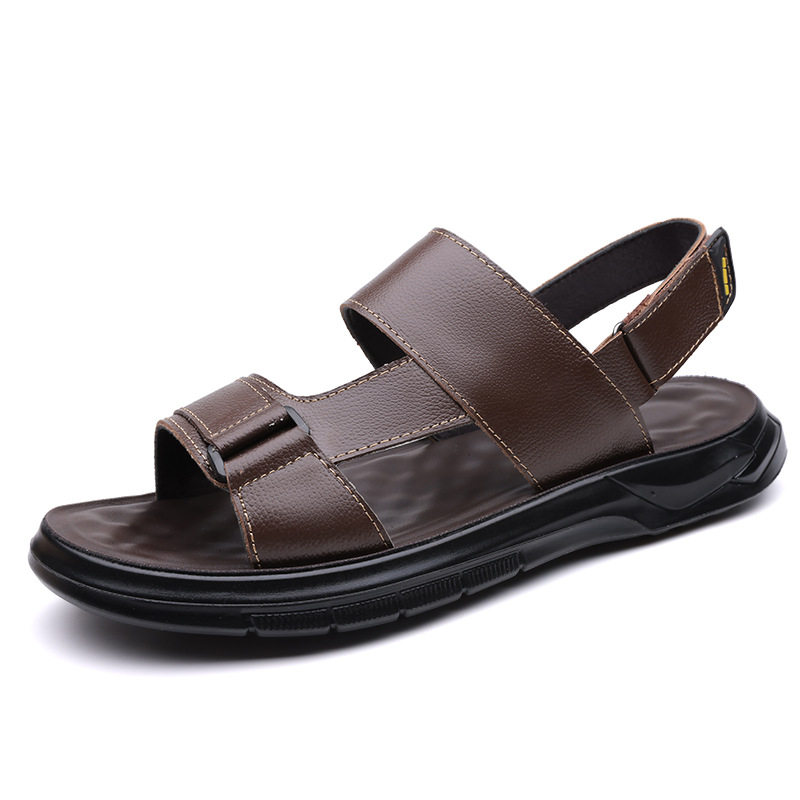 Dép sandal nam da bò đi biển quai dán đế dày mềm — Màu nâu, màu đen