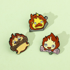 Anime character themed metal badge fire flame brooch holding wood baked paint brooch wholesale